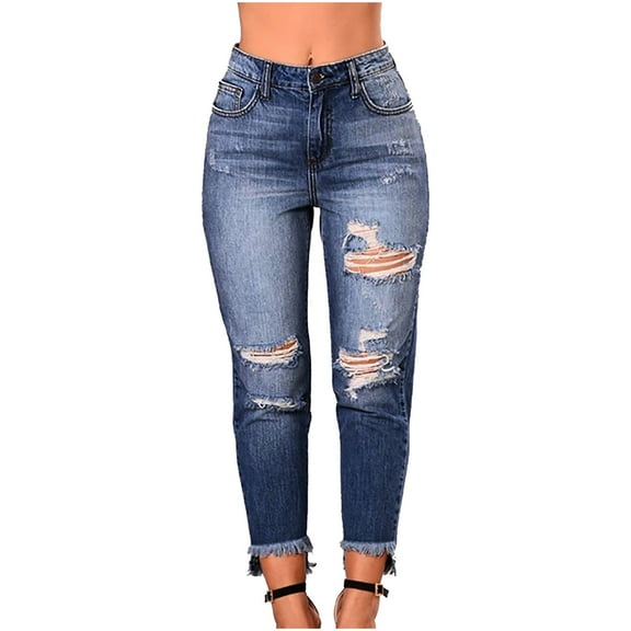 LMOIPLI Women's Crop Pants Vintage Denim Pants Elastic High Waist Sports Jogger Slim Fashion Summer Clothes Denim Pants Solid Color Dark Blue XL