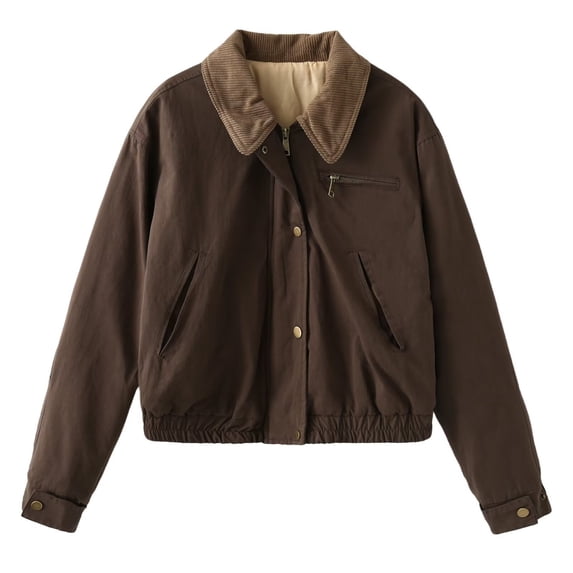 CYMMPU Women’s Cropped Bomber Jacket, Fleece Collar Zip and Snap Front Elastic Cuff Hem Multi Pockets Long Sleeve Outerwear Brown XS