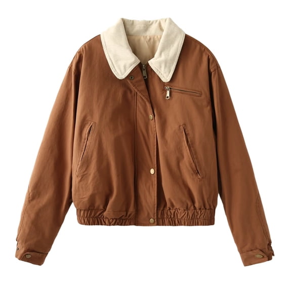 CYMMPU Women’s Cropped Bomber Jacket, Fleece Collar Zip and Snap Front Elastic Cuff Hem Multi Pockets Long Sleeve Outerwear Khaki S