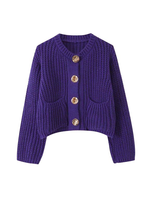 Women’s Cropped Knit Cardigan Sweater Jacket, Long Sleeve Button Closure Side Pockets Ribbed Knit Relaxed Fit Outerwear for Casual Layering Daily Wear Blue M
