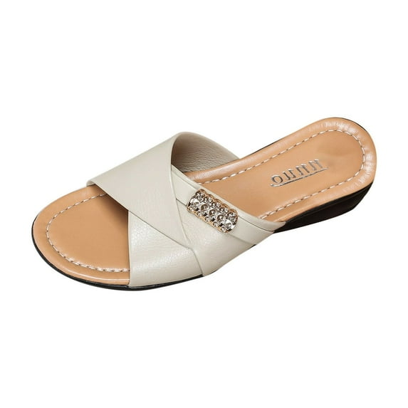 CYMMPU Women's Cross Band Embellished Wedge Slide Sandals Open Toe Slip On Shoes for Summer Fashion Wear White 40