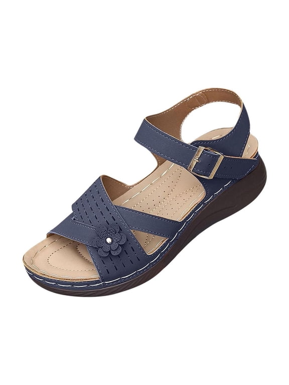 Women's Cross Strap Wedge Sandals, Decorative Floral Adjustable Buckle Platform Shoes, Breathable Cutout Summer Outdoor Casual Footwear Navy 36