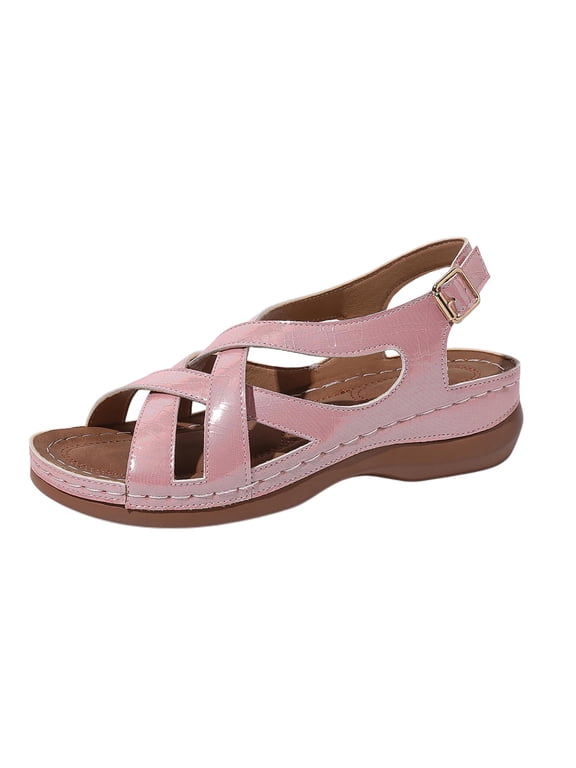 Women's Cutout Cross Strap Wedge Sandals, Open Toe Buckle Platform Shoes, Comfort Casual Footwear for Beach Travel and Summer Days Pink 36