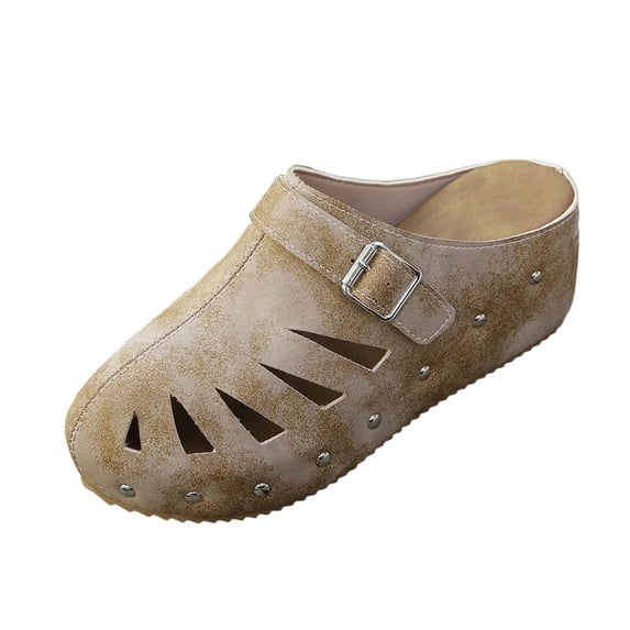 CYMMPU Women's Cutout Rivet Strap Closed Toe Mules, Adjustable Buckle Slip On Backless Clogs, Breathable Summer Shoes Khaki 39