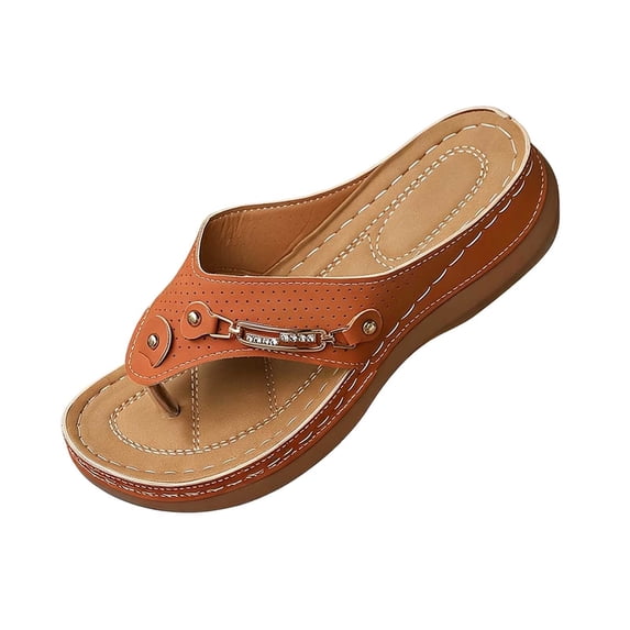 CYMMPU Women's Decorative Thong Wedge Sandals, Perforated Platform Flip Flops, Open Toe Slip On Summer Beach Walking Slippers Brown 37