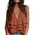 thumbnail image 1 of CYMMPU Women's Deep V Tiered Multi Ruffle Sleeveless Linen Tank Top, Flowy Loose Fit Boho Vacation Camisole Brown XL, 1 of 6
