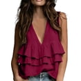 thumbnail image 1 of CYMMPU Women's Deep V Tiered Multi Ruffle Sleeveless Linen Tank Top, Flowy Loose Fit Boho Vacation Camisole Wine XXL, 1 of 6