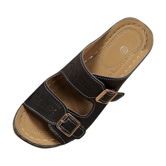 CYMMPU Women's Double Buckle Perforated Wedge Slides Open Toe Slip On Shoes for Summer Outdoor Wear Black 36