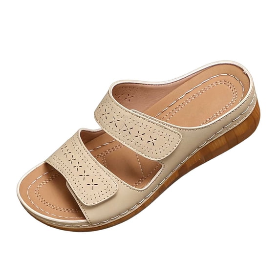 CYMMPU Women's Double Strap Hollow Wedge Slide Sandals, Open Toe Adjustable Platform Slip On Slippers, Summer Outdoor Shoes Khaki 41