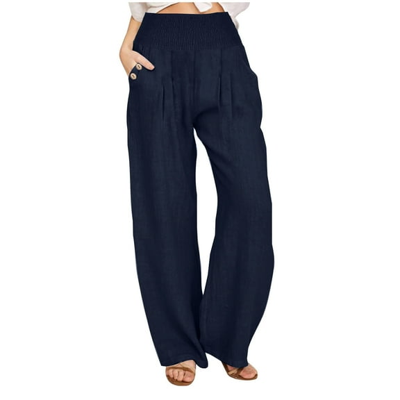 LMOIPLI Women's Fashion Summer Clothes Elastic High Waist Lightweight Long Pants Flowy Swing Palazzo Vintage Wide Leg Lounge Trousers Wide Leg Lounge Trousers Plain Color Straight Wide Leg Navy L