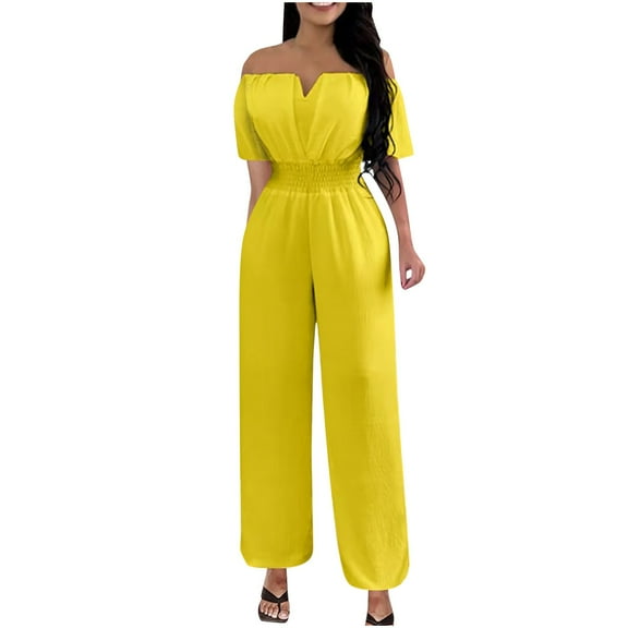 LMOIPLI Women's Fashion Summer Clothes Wide Leg Outfits Vintage Adjustable Strap Romper Lightweight Long Pants Overalls Long Bib Pants Baggy Adjustable Strap Romper Plain Color Yellow S