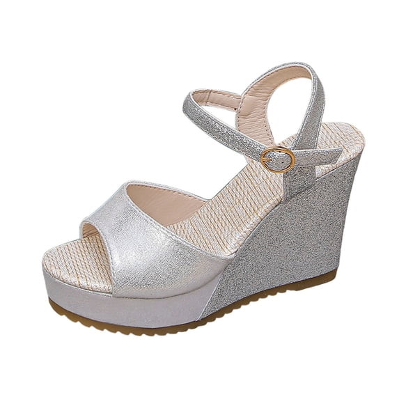 CYMMPU Women's Fish Mouth Open Toe Glitter Wedge Sandals, Adjustable Ankle Strap Platform Heels, Fashion Summer Casual Outdoor Beach Shoes Silver 36