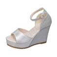 thumbnail image 1 of CYMMPU Women's Fish Mouth Open Toe Wedge Sandals, Glitter Ankle Strap Platform Shoes, Comfort Casual Summer Beach Slip On Dress Sandals Silver 43, 1 of 9
