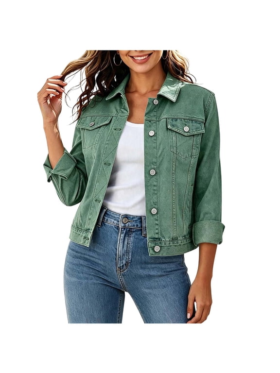 Women’s Flap Pocket Denim Jacket, Lapel Collar Long Sleeve Button Down Jean Coat with Multiple Pockets Loose Fit Outerwear Green L