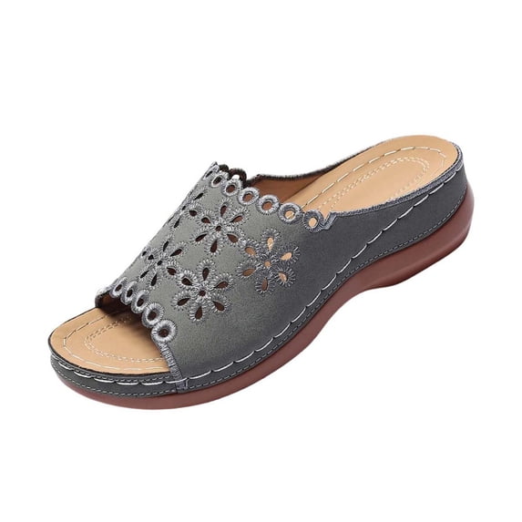 CYMMPU Women's Floral Cutout Wedge Slide Sandals Scalloped Edge Open Toe Slip On Comfort Shoes for Casual Daily Wear Gray 37