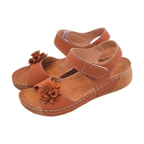 CYMMPU Women's Floral Decor Open Toe Wedge Sandals, Adjustable Hook and Loop Ankle Strap Summer Outdoor Walking Shoes Brown 36