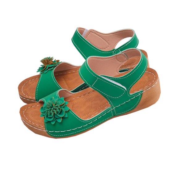 CYMMPU Women's Floral Decor Open Toe Wedge Sandals, Adjustable Hook and Loop Ankle Strap Summer Outdoor Walking Shoes Green 37