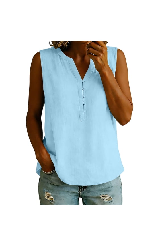 Women's Floral Embroidered Round Neck Tank Top, Sleeveless Linen Blend Blouse with Eyelet Detailing, Casual Summer Wear Blue XL