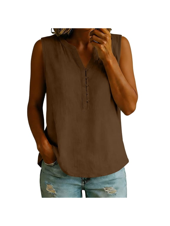 Women's Floral Embroidered Round Neck Tank Top, Sleeveless Linen Blend Blouse with Eyelet Detailing, Casual Summer Wear Brown L
