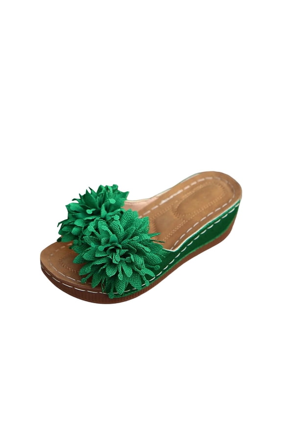 Women's Floral Pom Pom Flat Slide Sandals, Open Toe Slip On Summer Beach Shoes Green 36
