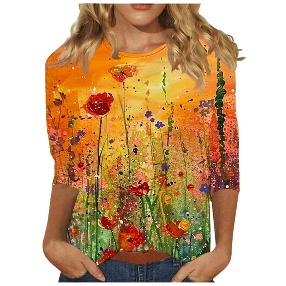 CYMMPU Women's Floral Printed 3/4 Length Sleeve Summer Fall Crewneck Basic Tees Shirts Casual Trendy Tunic Tops Business Work Blouses 2025 Clothes Multicolor XXXL