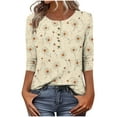 thumbnail image 1 of CYMMPU Women's Floral Printed 3/4 Length Sleeve Summer Fall Shirts Basic Tees Casual Button up Scoop Neck Business Work Blouses Trendy Tunic Tops 2025 Clothes Khaki L, 1 of 7