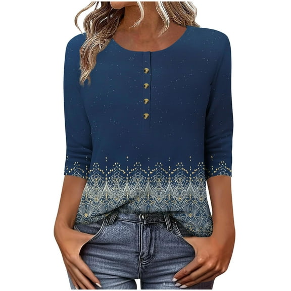 CYMMPU Women's Floral Printed 3/4 Length Sleeve Summer Fall Shirts Basic Tees Trendy Tunic Tops Business Work Blouses Button up Scoop Neck Casual 2025 Clothes Navy L
