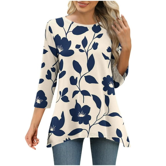 CYMMPU Women's Floral Printed 3/4 Length Sleeve Summer Fall Shirts Casual Basic Tees Business Work Blouses to Wear with Leggings Trendy Hide Belly Tunic Tops Crewneck 2025 Clothes Blue XXL
