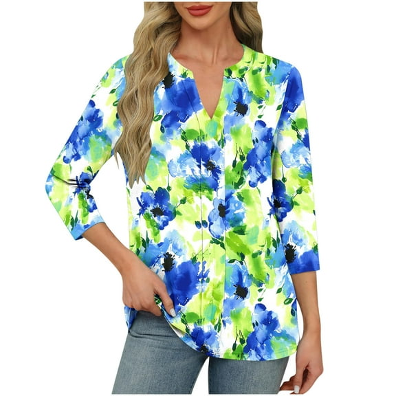 CYMMPU Women's Floral Printed 3/4 Length Sleeve Summer Fall Swing Shirts V-Neck Vintage Business Work Blouses to Wear with Leggings Tunic Tops Elegant Blouse 2025 Clothes Navy M