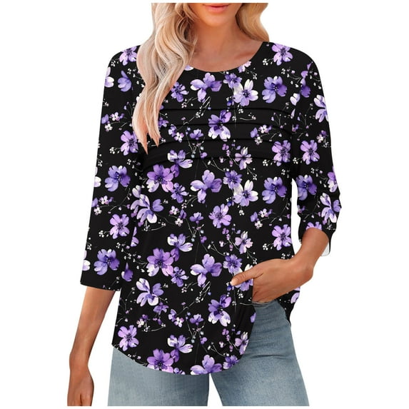 CYMMPU Women's Floral Printed 3/4 Length Sleeve Summer Fall Swing Shirts Vintage Tunic Tops Basic Tees Business Work Blouses Crewneck 2025 Clothes Purple L