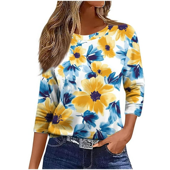 CYMMPU Women's Floral Printed 3/4 Length Sleeve Summer Fall Tunic Tops Crewneck Basic Tees Vintage Business Work Blouses Swing Shirts 2025 Clothes Yellow S