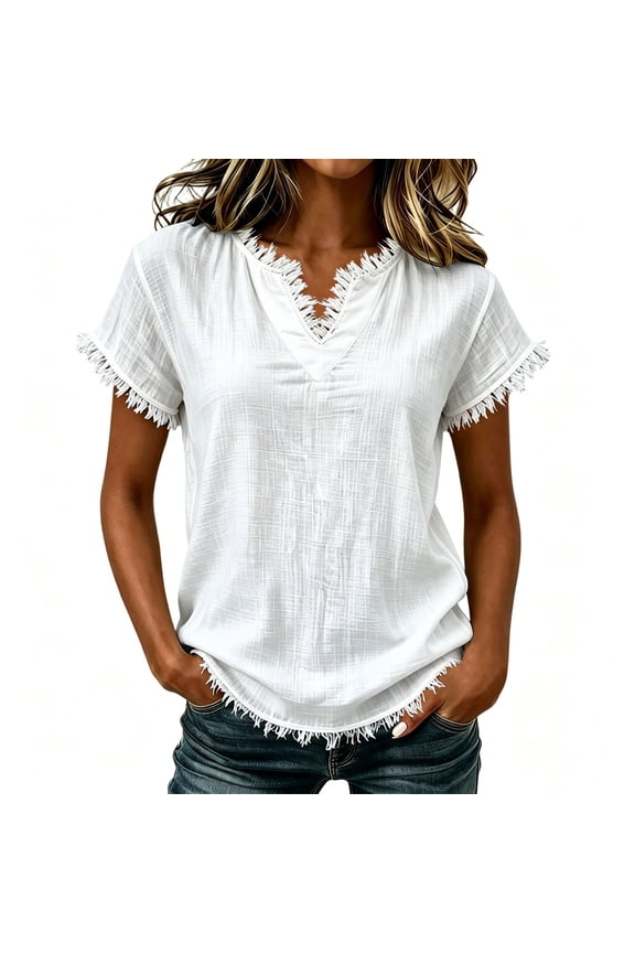 Women's Fringe Trim Vertical Stripe V Neck Blouse, 3/4 Ruffle Sleeve Loose Summer Casual Shirt White M