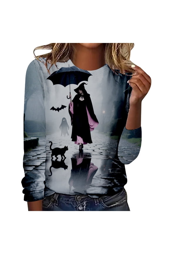 Women's Gothic Witch Scene Print Sweatshirt, Crew Neck Long Sleeve Pullover with Bat & Black Cat Details, Halloween Casual Top Black S