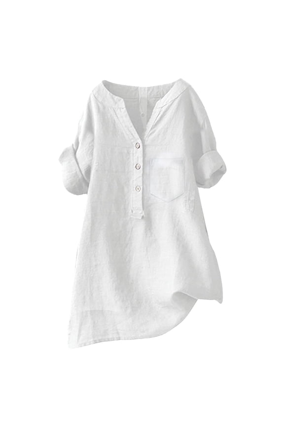 Women's Half Button Henley Linen Tunic Shirt, Rollable Long Sleeve Dual Pocket Loose Oversized Top White S
