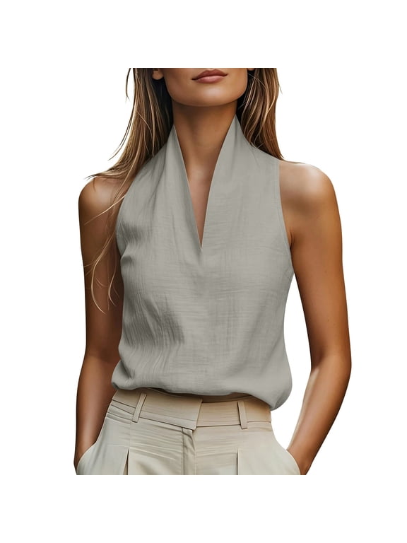 Women's Halter V-Neck Sleeveless Top, Lightweight Crinkled Fabric Blouse with Stand Collar, Elegant Casual & Beach Wear Beige XXXL
