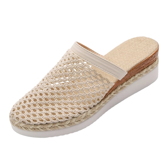 CYMMPU Women's Hollow Mesh Mule Wedge Sandals, Breathable Closed Toe Espadrille Platform Slip On Shoes, Spring Summer Casual Walking Footwear Beige 37