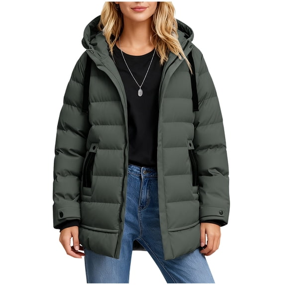 CYMMPU Women’s Hooded Puffer Coat, Button and Zip Front Long Sleeve Solid Jacket with Pockets Relaxed Fit Warm Outerwear Army Green XXL