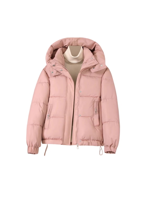 Women’s Hooded Puffer Coat, Zip Up Long Sleeve Solid Winter Jacket with Pockets Relaxed Fit Thick Warm Outerwear Pink XL