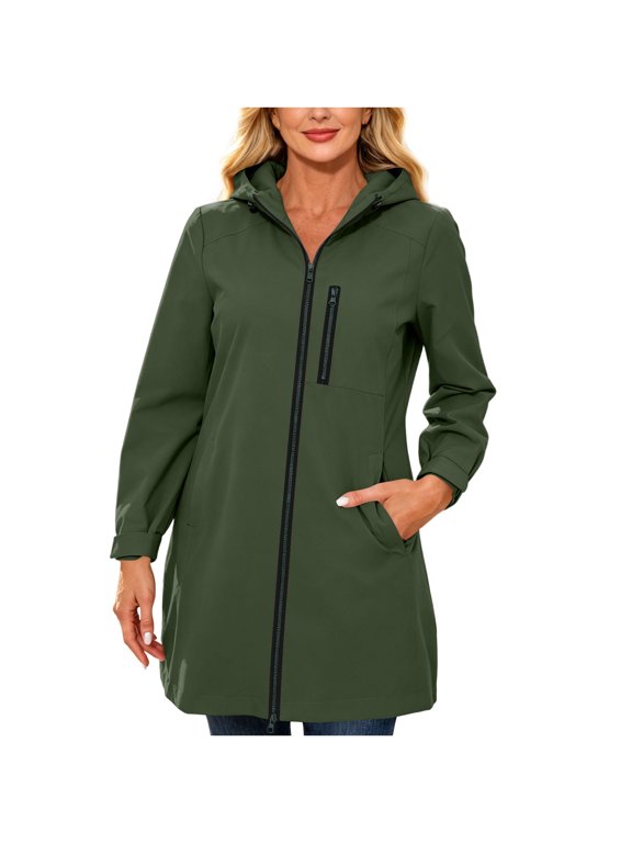Women’s Hooded Waterproof Jacket, Zip Up Long Sleeve Rain Coat with Pockets Lightweight Windproof Outerwear for Outdoor Hiking Travel and Rainy Day Use Army Green S