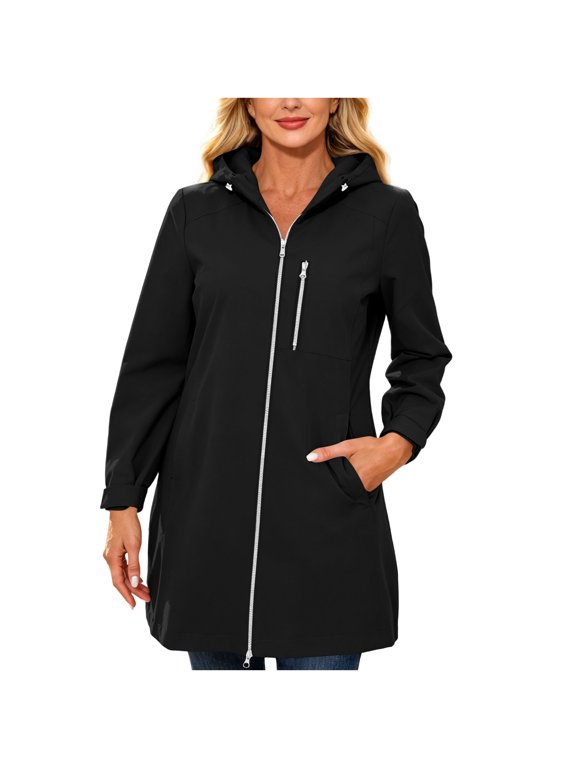 Women’s Hooded Waterproof Jacket, Zip Up Long Sleeve Rain Coat with Pockets Lightweight Windproof Outerwear for Outdoor Hiking Travel and Rainy Day Use Black S