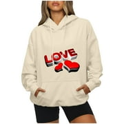 CYMMPU Women's Hoodies with Pocket Sweatshirt Clearance Going out Tops for Women Long Sleeve Shirts Trendy Valentine's Day Tunic Love Heart Printing 2023 Spring Fashion Clothes Beige XL