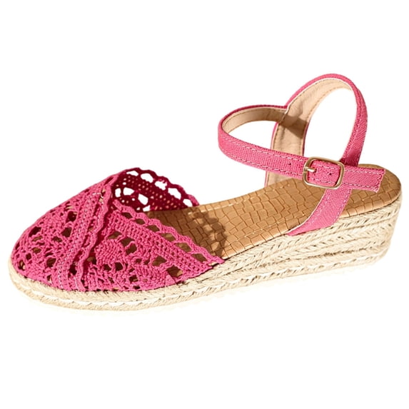 CYMMPU Women's Lace Crochet Ankle Strap Espadrille Wedge Sandals, Closed Toe Buckle Beach Footwear Hot Pink 38