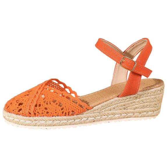 CYMMPU Women's Lace Crochet Ankle Strap Espadrille Wedge Sandals, Closed Toe Buckle Beach Footwear Orange 38