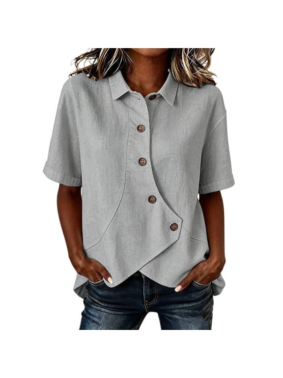 Women's Lapel Half Placket Short Sleeve Performance Collared Tank, Breathable Lightweight Pickleball Athletic Top Gray M