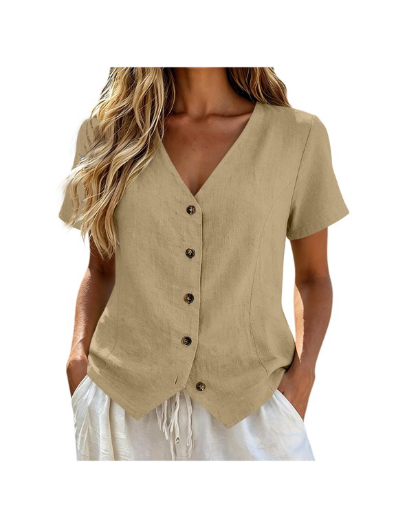 Women's Lapel Henley Short Sleeve Linen Tank Top, Half Button Front Loose Fit Daily Layering Vest Khaki XXL