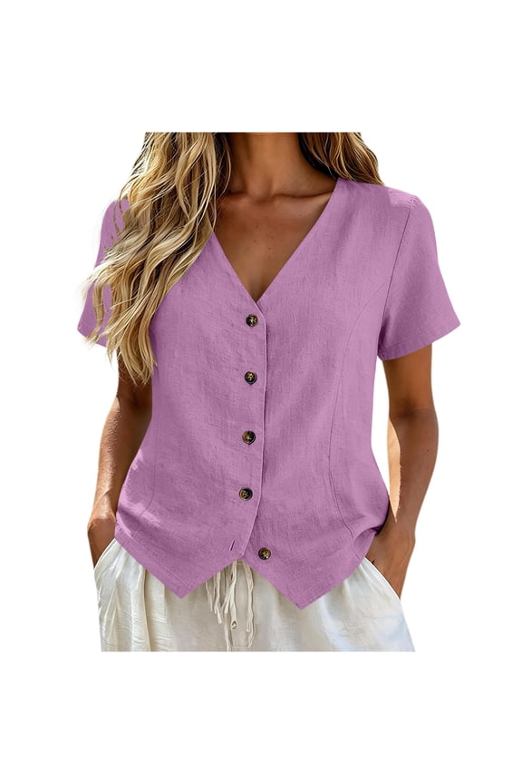 Women's Lapel Henley Short Sleeve Linen Tank Top, Half Button Front Loose Fit Daily Layering Vest Purple S