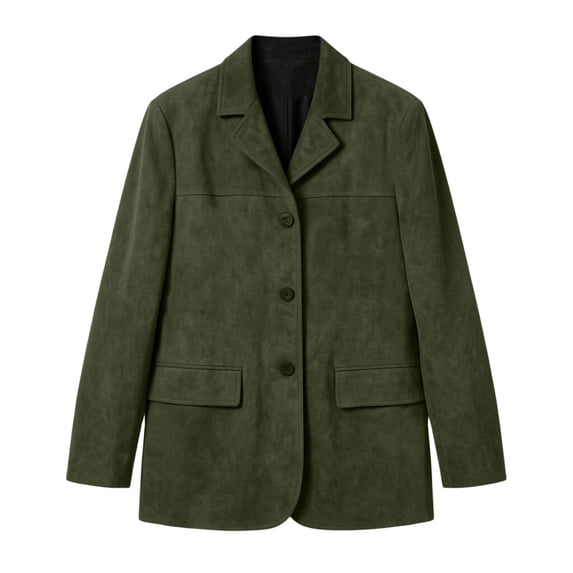 CYMMPU Women’s Lapel Single‑Breasted Suede Blazer Jacket, Button Front Flap Pockets Long Sleeve Loose Fit Outerwear Army Green L