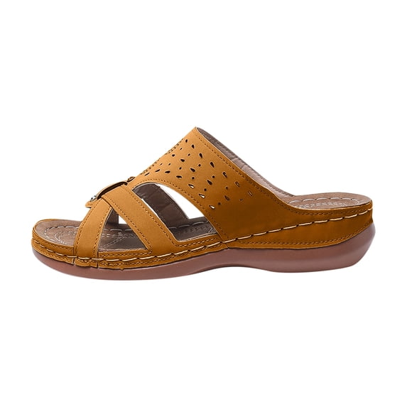 CYMMPU Women's Laser Cut Crisscross Wedge Sandals Open Toe Slip On Shoes for Summer Everyday Styling Yellow 40