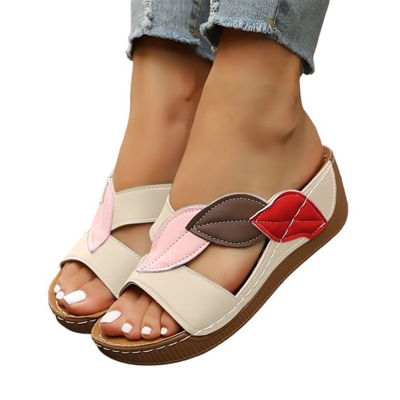 CYMMPU Women's Leaf Applique Wedge Slide Sandals Open Toe Slip On Footwear for Casual Summer Daily Wear Khaki 43