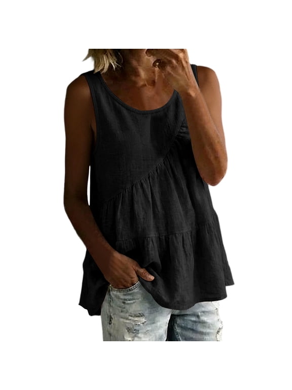 Women's Linen Blend Sleeveless Button-Down Shirt, Pointed Collar with Full Front Buttons, Breathable Casual Summer Blouse Black XXL